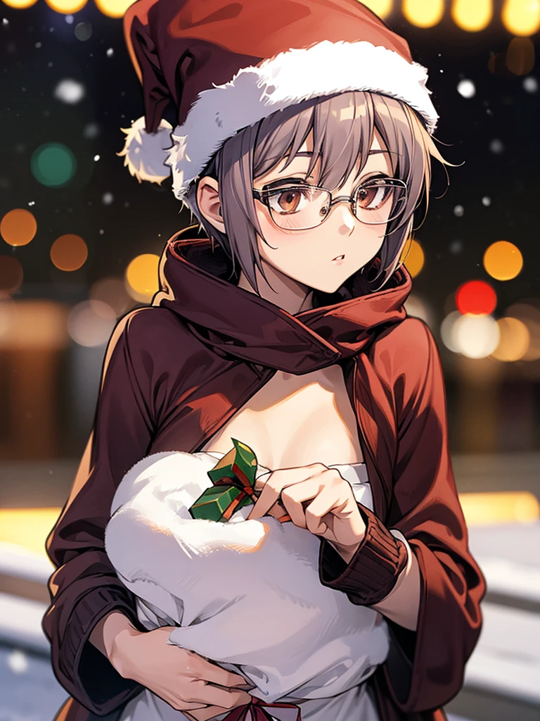 nagato yuki, (small breast), (short hair), glasses, 1girl, (Xmas), On a snowy night on the street, I met a cute little Santa girl.