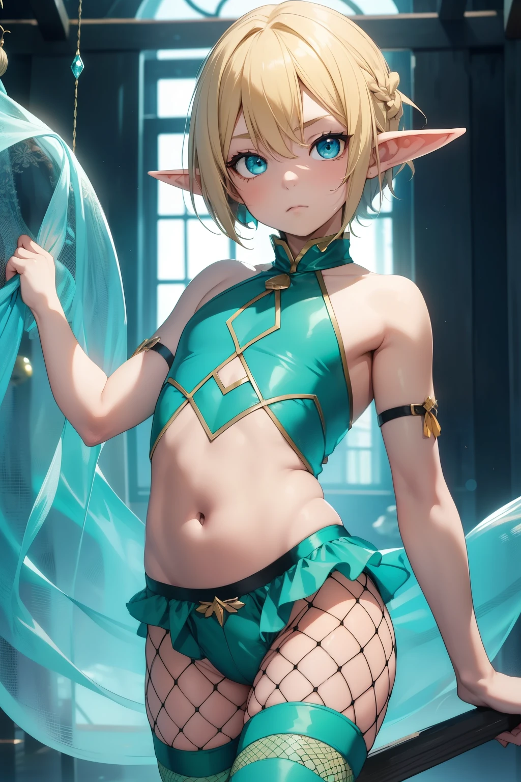 Ultra sharp, masterpiece, best quality, intricate details, detailed eyes, perfect face detailed face, masterpiece, highly detailed exquisite character art, perfectly detailed anatomy, Beautiful boy, transparent flowy outfit, Elf boy, Elf ear, (Showing armpit:1.2),pixie, fairy, small, flying, sitting legs spread, shaved sides, glowing, textured skin, whispering, green eyes, blonde hair, glossy face, fairy dust,