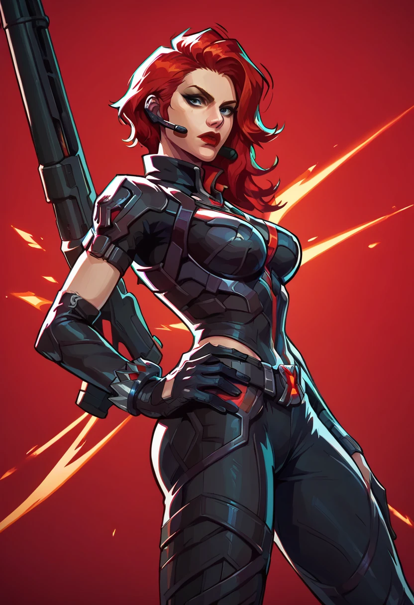 score_9, score_8_up, score_7_up, score_6_up, expressiveh, blackwidow_rivals, 1girl, solo, cowboy shot, red hair, asymmetrical hair, headset microphone, eyeliner, blue eyes, red lips, bodysuit, black bodysuit, gloves, black gloves, forearm guns, black clothes, red details, red glow, baton_(weapon), holding weapon, sniper rifle, holding sniper rifle, huge weapon, posing, hand on hips, red sparks, red background, geometric shapes, looking at viewer, geometric pattern on background
