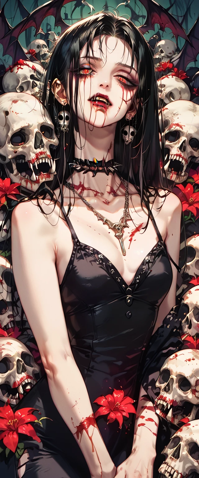  You can see a flat detail of the shoulders, A woman's collarbones and neck , Vampire bite on the neck, blood, has a necklace, nice view, elegant neckline,  elegant dress,  dead flowers , bats, skulls . Detail shot