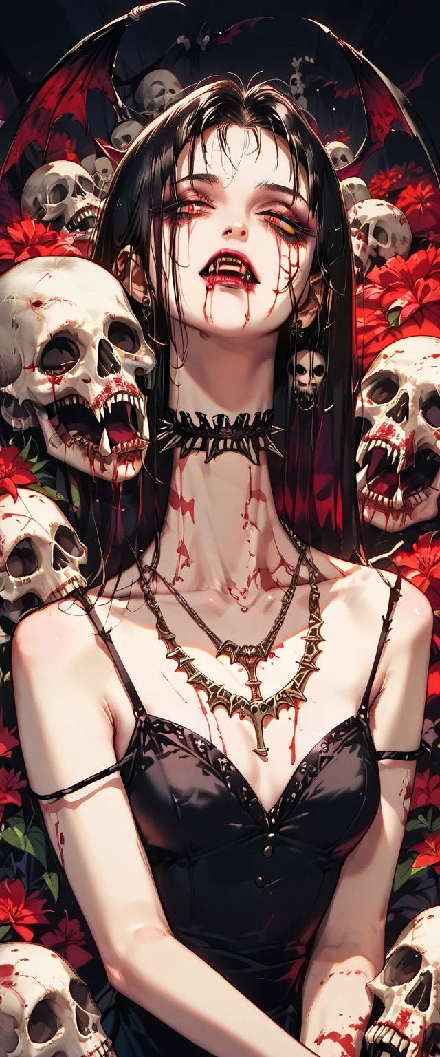  You can see a flat detail of the shoulders, A woman's collarbones and neck , Vampire bite on the neck, blood, has a necklace, nice view, elegant neckline,  elegant dress,  dead flowers , bats, skulls . Detail shot