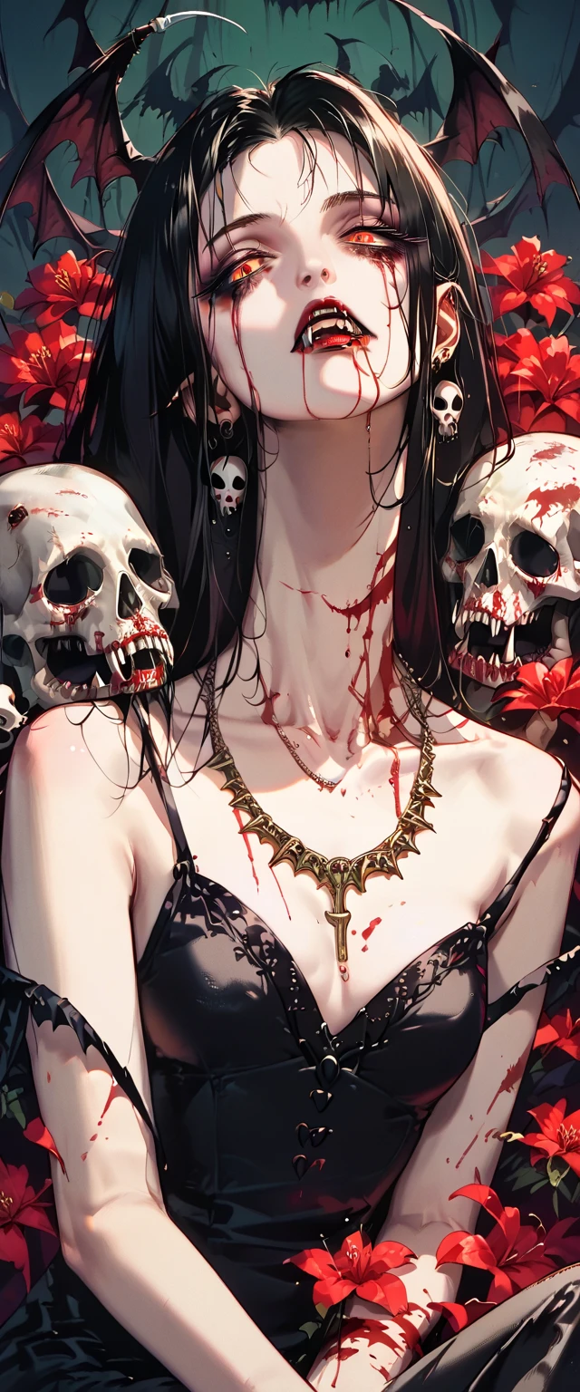  You can see a flat detail of the shoulders, A woman's collarbones and neck , Vampire bite on the neck, blood, has a necklace, nice view, elegant neckline,  elegant dress,  dead flowers , bats, skulls . Detail shot