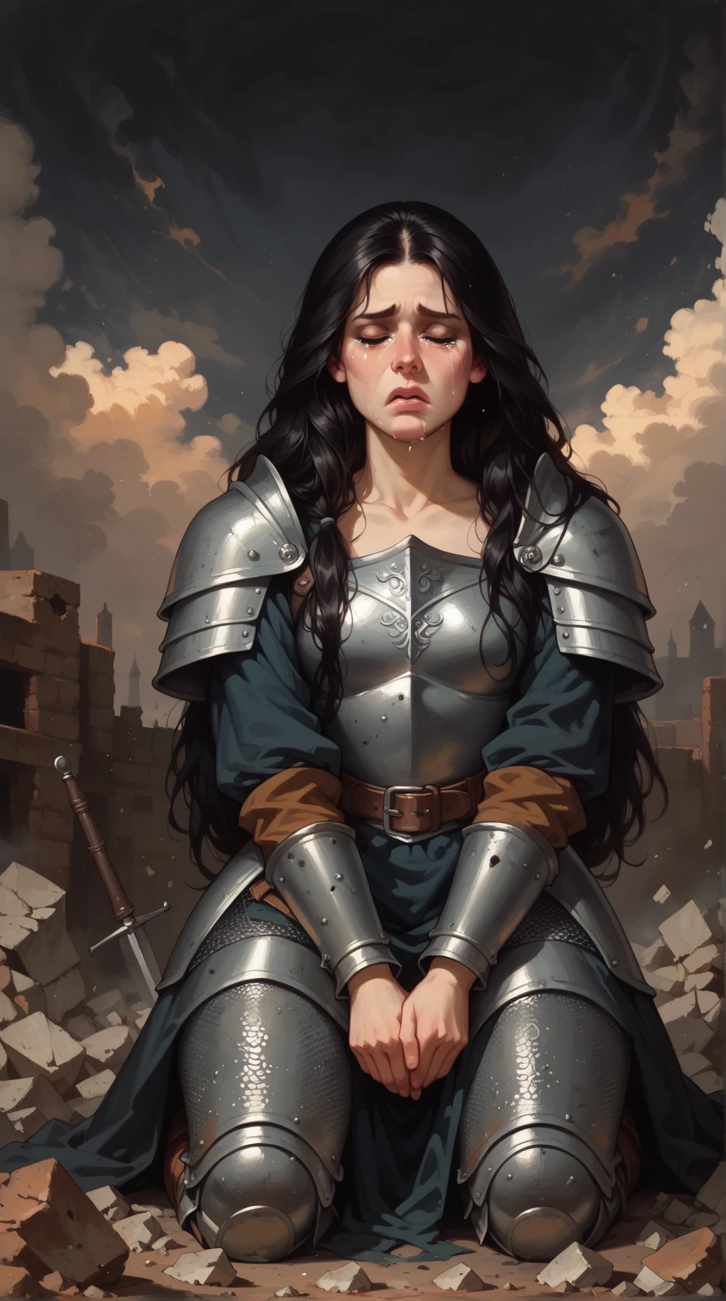 score_9, score_8_up, score_7_up, cartoon of a girl, solo, eyes closed, black hair, long hair, small breast, medieval armour, chainmail, kneeling, crying, ground, on a pile of rubble, front view, moody and gritty, dramatic scene, from front, (dark sky:1.3), (dark background)