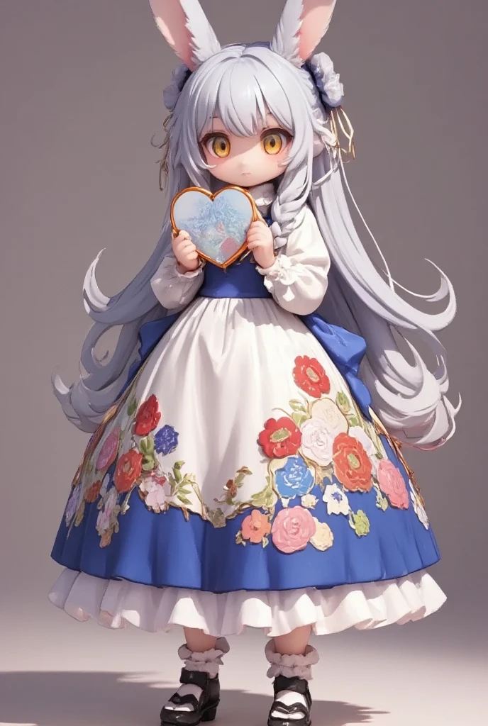 a 3D rendering of a figurine, 1girl, (furry girl, anthro rabbit:1.5), cute flat 2d anime illustration, animal nose, obi, long hair, blue hair, yellow eyes, braid, open mouth, ahoge, multicolored hair, blush, hair between eyes, streaked hair, colored tips, breasts, :d, hair flower, half updo, looking back, japanese clothes, japanese yukata, hair ornament, yukata, floral print, sash, looking at viewer, flower, solo, holding, upper body, from side, print kimono, smile, blue kimono, paper fan, holding fan, heart, uchiwa