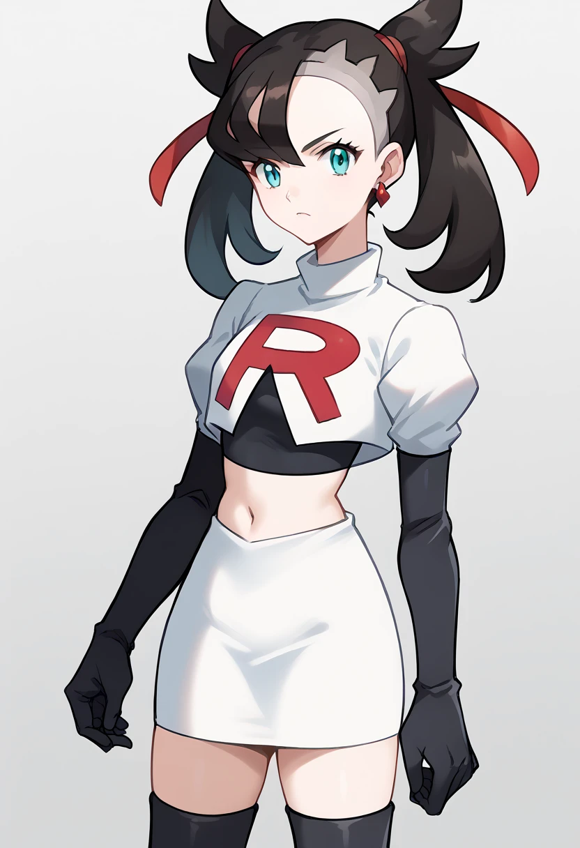 score_9, score_8_up, score_7_up, source_anime,
pokemonmarnie, pokemonmarnie, aqua eyes, asymmetrical bangs, asymmetrical hair, black hair, hair ribbon, long hair, red ribbon, ribbon, twintails,
earrings, jewelry, 
looking at viewer, cowboy shot, team rocket,team rocket uniform,white skirt,red letter R,crop top,black thigh-highs,black elbow gloves