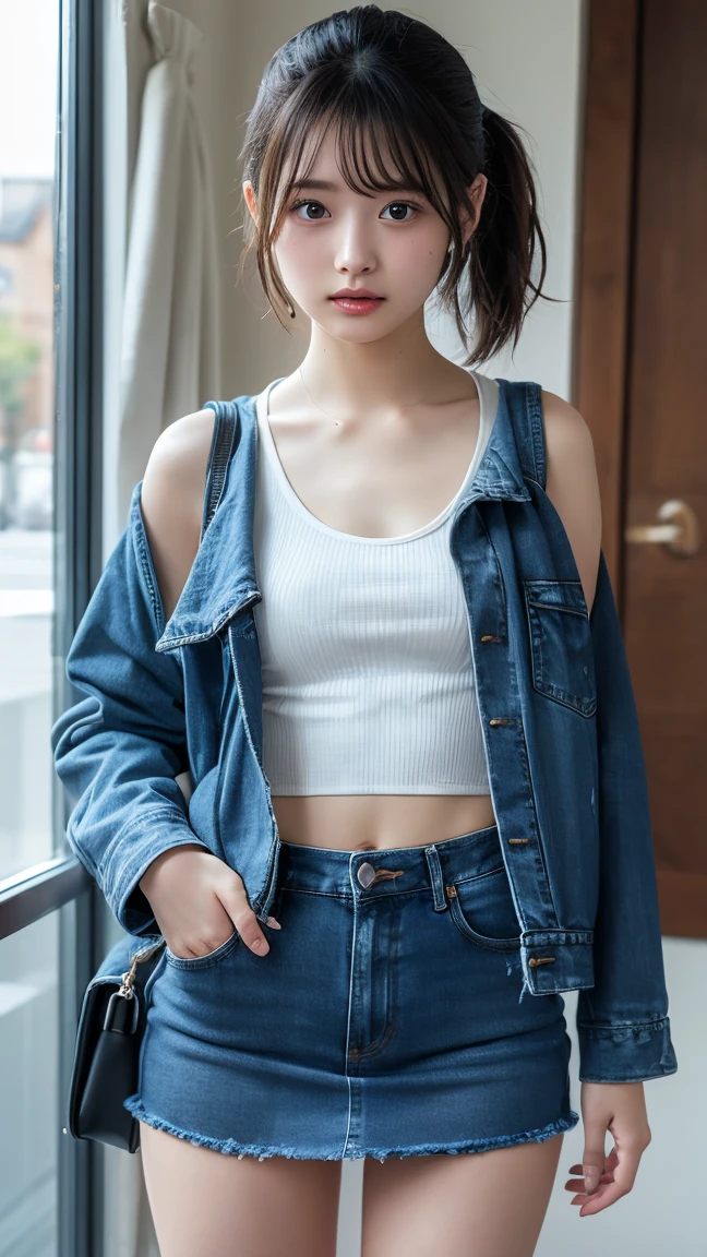 BDSM, NSFW, 1 Girl, Summer, Bookstore, Sitting on Stool, White T-shirt, Denim Ripped Shorts, Denim Jacket, Serious Face, Short Brown Hair, Clear Focus: 1.2, Highly Detailed Face and Skin Texture, Best Quality, 8k
