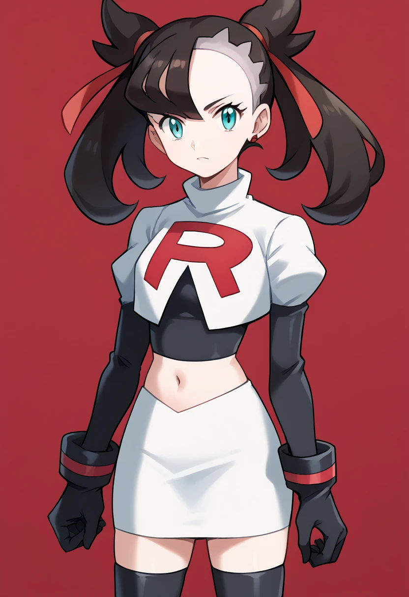 score_9, score_8_up, score_7_up, source_anime,
pokemonmarnie, pokemonmarnie, aqua eyes, asymmetrical bangs, asymmetrical hair, black hair, hair ribbon, long hair, red ribbon, ribbon, twintails,
earrings, jewelry, 
looking at viewer, cowboy shot, team rocket,team rocket uniform,white skirt,red letter R,crop top,black thigh-highs,black elbow gloves