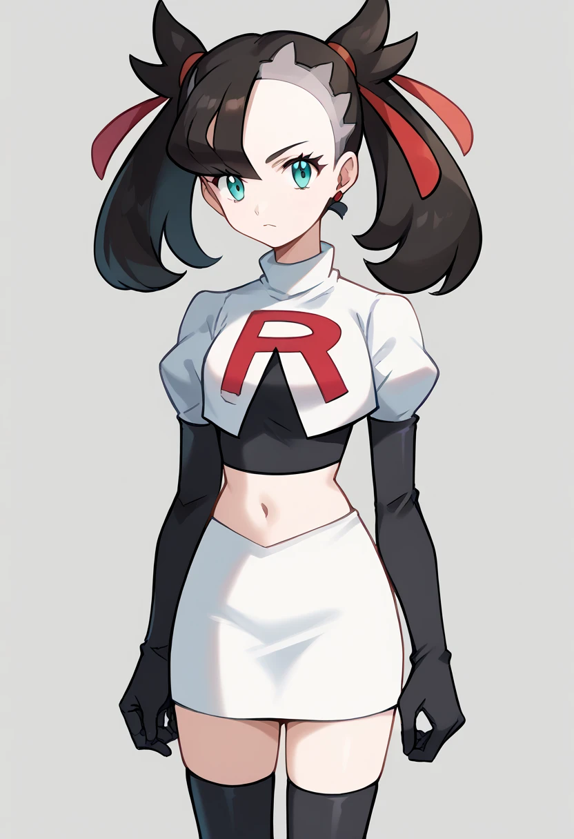 score_9, score_8_up, score_7_up, source_anime,
pokemonmarnie, pokemonmarnie, aqua eyes, asymmetrical bangs, asymmetrical hair, black hair, hair ribbon, long hair, red ribbon, ribbon, twintails,
earrings, jewelry, 
looking at viewer, cowboy shot, team rocket,team rocket uniform,white skirt,red letter R,crop top,black thigh-highs,black elbow gloves