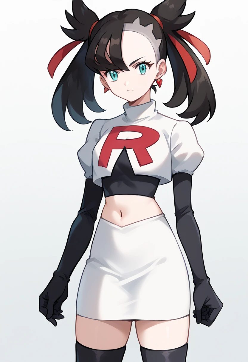 score_9, score_8_up, score_7_up, source_anime,
pokemonmarnie, pokemonmarnie, aqua eyes, asymmetrical bangs, asymmetrical hair, black hair, hair ribbon, long hair, red ribbon, ribbon, twintails,
earrings, jewelry, 
looking at viewer, cowboy shot, team rocket,team rocket uniform,white skirt,red letter R,crop top,black thigh-highs,black elbow gloves