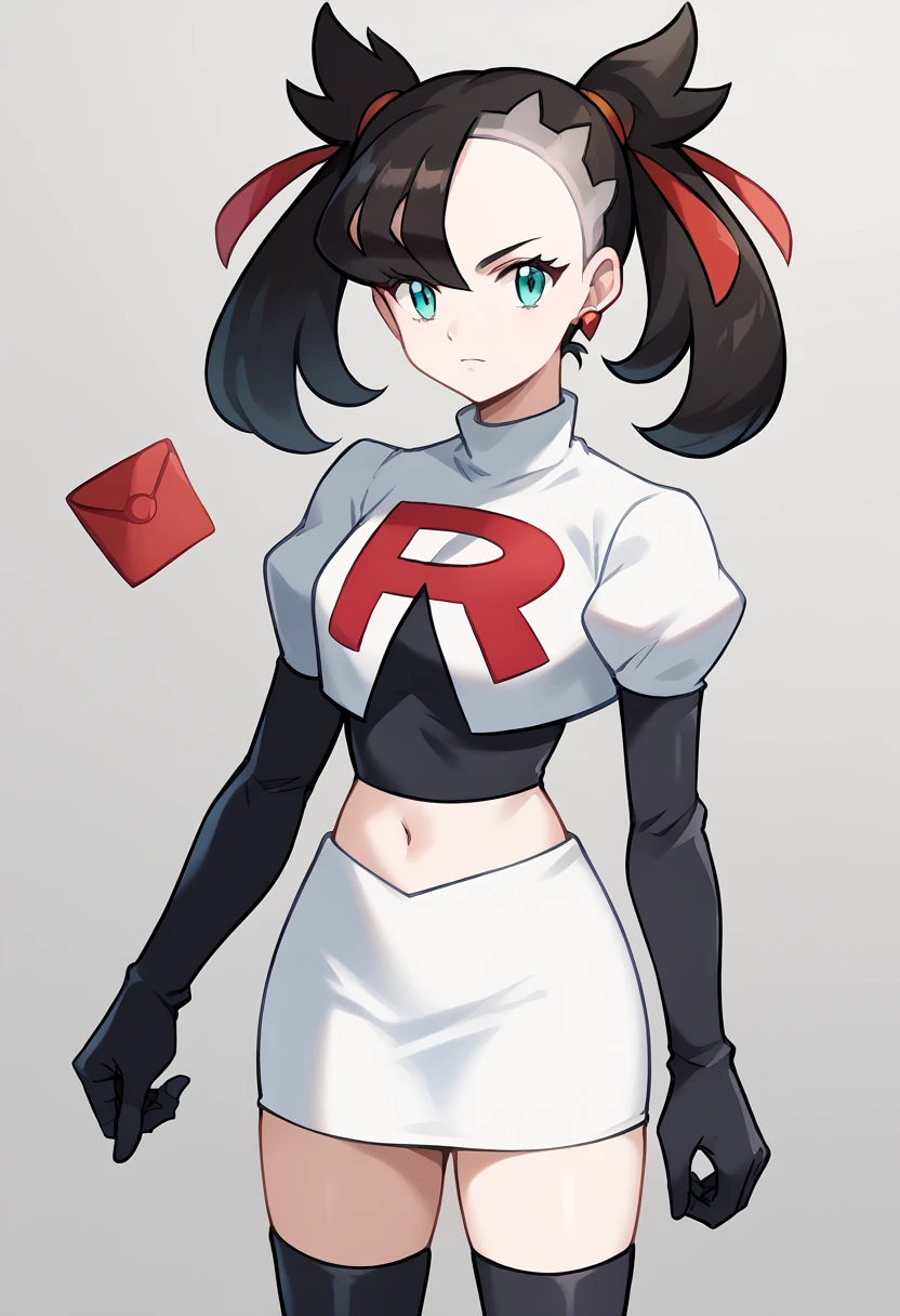 score_9, score_8_up, score_7_up, source_anime,
pokemonmarnie, pokemonmarnie, aqua eyes, asymmetrical bangs, asymmetrical hair, black hair, hair ribbon, long hair, red ribbon, ribbon, twintails,
earrings, jewelry, 
looking at viewer, cowboy shot, team rocket,team rocket uniform,white skirt,red letter R,crop top,black thigh-highs,black elbow gloves