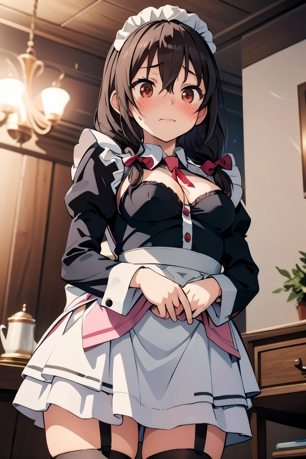 (masterpiece, Highest quality), One Girl,    itch,Long Hair,Braiding ,Twin tails,Hair between the eyes, Hair Ribbon, hair ornaments, medium breastst, Close your eyes、Shut your mouth.、(blush:1.5)、Red cheeks、night、indoor、Crown Blade, Cleavage cutout, (maid headdress), (mini-skirt maid: 1.5), lace stockings, from below, Standing, Cowboy Shot,
