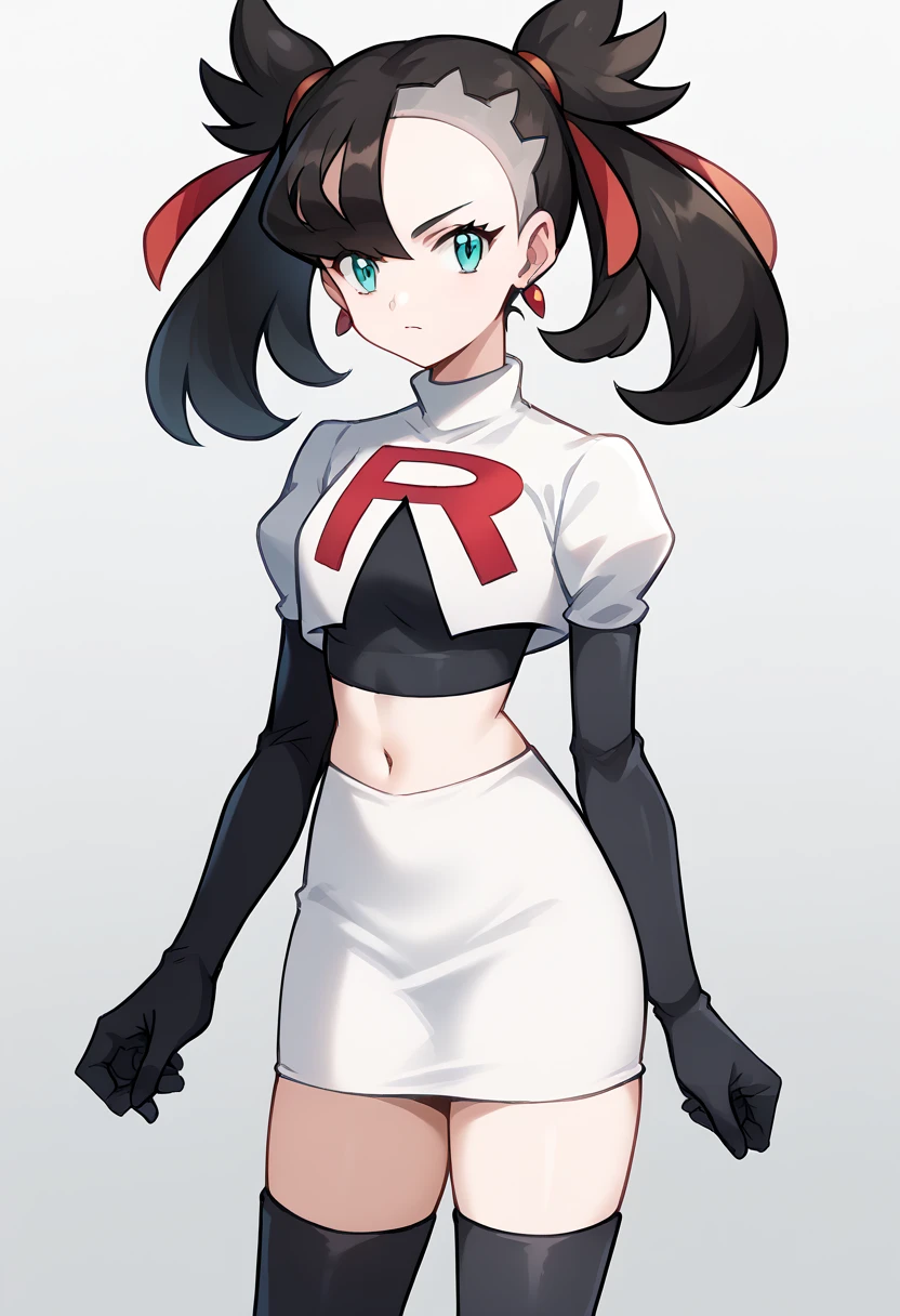 score_9, score_8_up, score_7_up, source_anime,
pokemonmarnie, pokemonmarnie, aqua eyes, asymmetrical bangs, asymmetrical hair, black hair, hair ribbon, long hair, red ribbon, ribbon, twintails,
earrings, jewelry, 
looking at viewer, cowboy shot, team rocket,team rocket uniform,white skirt,red letter R,crop top,black thigh-highs,black elbow gloves