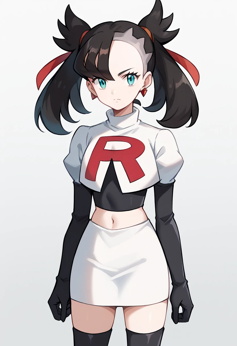 score_9, score_8_up, score_7_up, source_anime,
pokemonmarnie, pokemonmarnie, aqua eyes, asymmetrical bangs, asymmetrical hair, black hair, hair ribbon, long hair, red ribbon, ribbon, twintails,
earrings, jewelry, 
looking at viewer, cowboy shot, team rocket,team rocket uniform,white skirt,red letter R,crop top,black thigh-highs,black elbow gloves