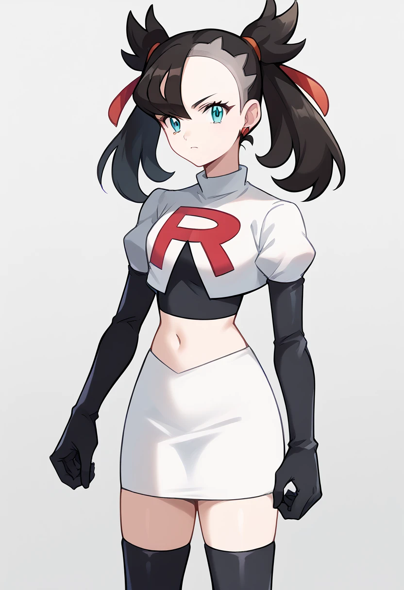 score_9, score_8_up, score_7_up, source_anime,
pokemonmarnie, pokemonmarnie, aqua eyes, asymmetrical bangs, asymmetrical hair, black hair, hair ribbon, long hair, red ribbon, ribbon, twintails,
earrings, jewelry, 
looking at viewer, cowboy shot, team rocket,team rocket uniform,white skirt,red letter R,crop top,black thigh-highs,black elbow gloves