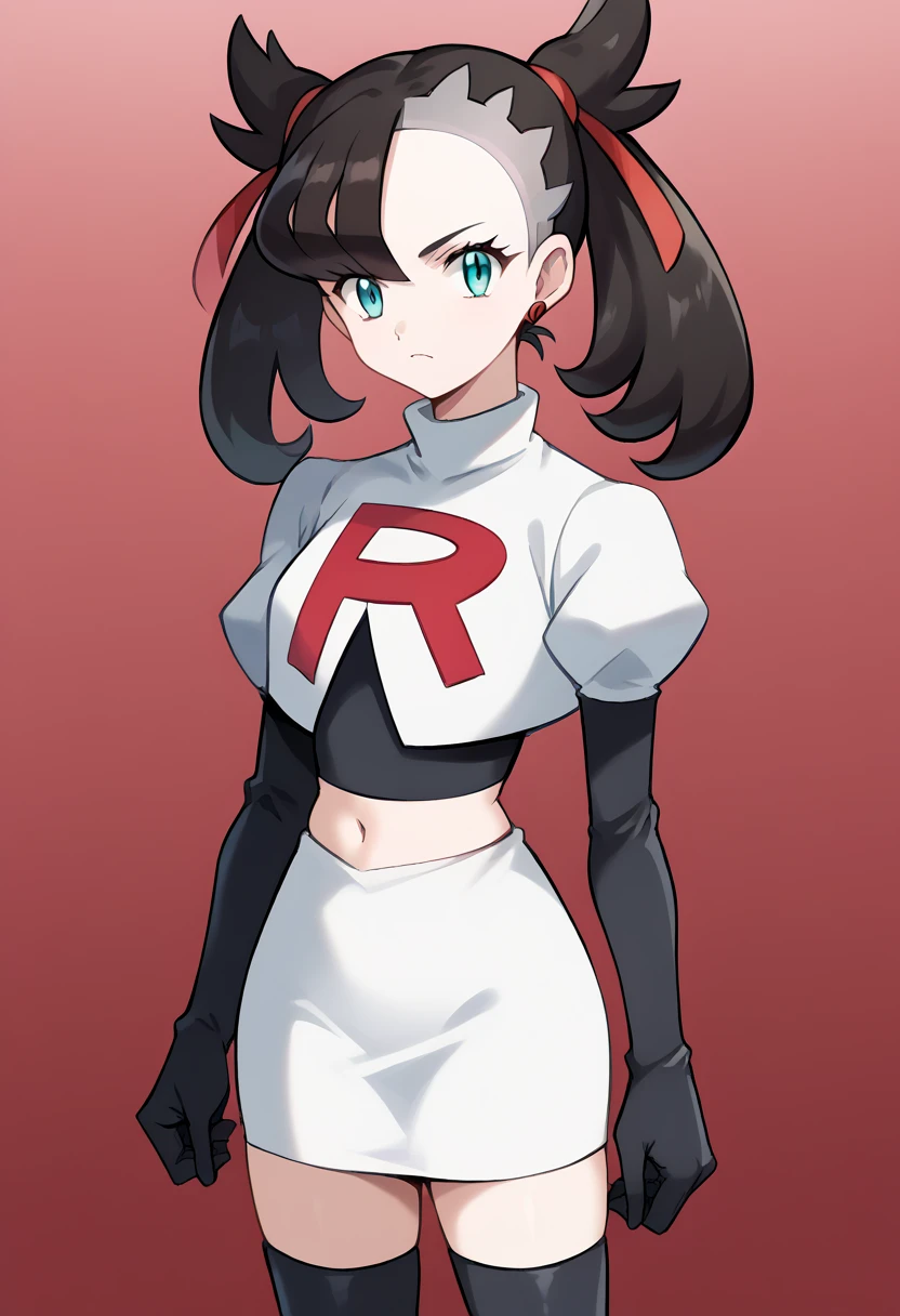 score_9, score_8_up, score_7_up, source_anime,
pokemonmarnie, pokemonmarnie, aqua eyes, asymmetrical bangs, asymmetrical hair, black hair, hair ribbon, long hair, red ribbon, ribbon, twintails,
earrings, jewelry, 
looking at viewer, cowboy shot, team rocket,team rocket uniform,white skirt,red letter R,crop top,black thigh-highs,black elbow gloves