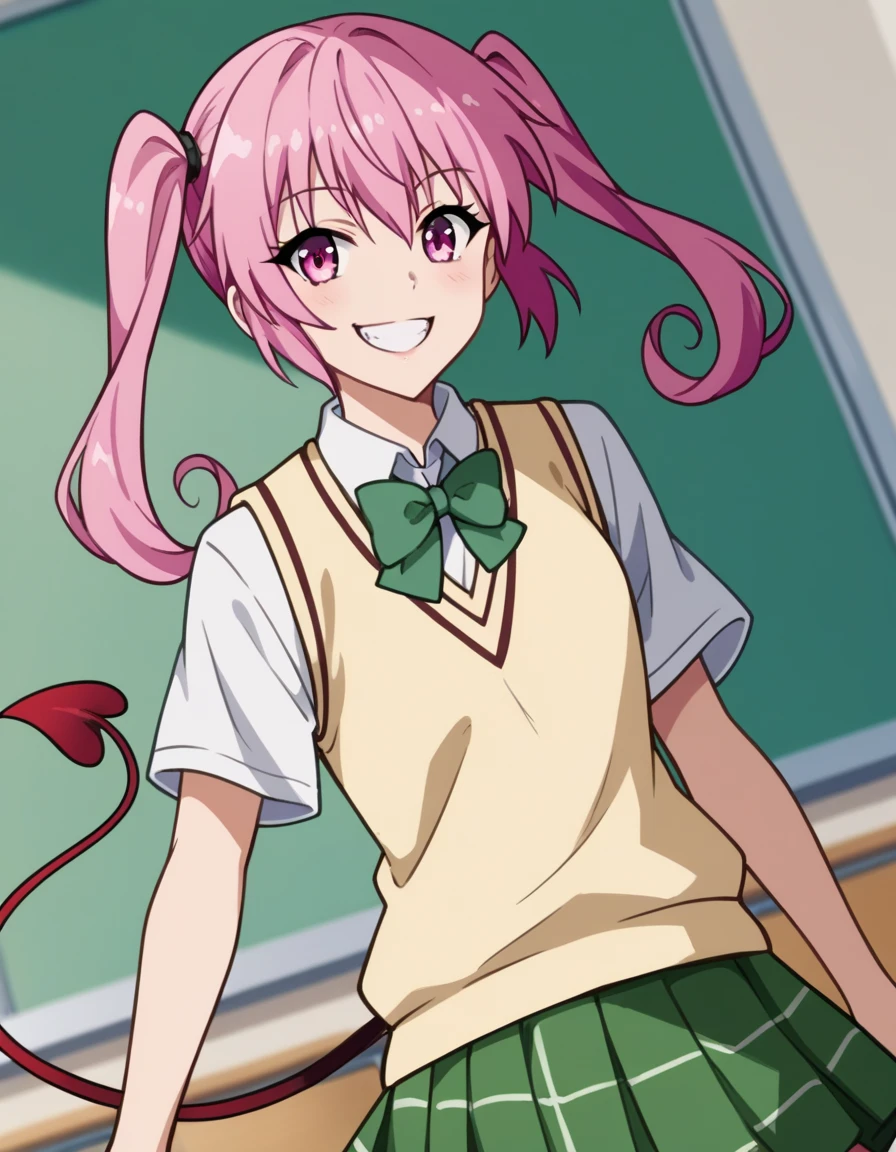 score_9, score_8_ up, score_7_ up,  Source_Anime,
Deviluke,  asta Deviluke, tooth,  long hair, pink eye,  pink hair, Tail, twinTails,
green  skirt,  check pattern ,  check pattern   skirt, sainan high  school uniform,  school uniform,  skirt,  shirt, white  shirt,  sweater vest, yellow  sweater vest,
indoor, classroom,  bend your back, smile,
 viewers, The cowboy shot,  Dutch angle, Alone,