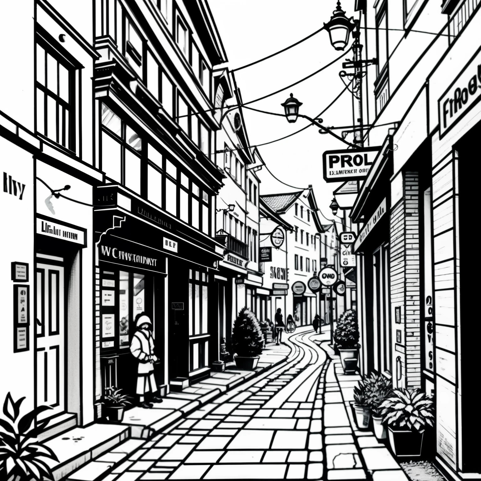 lineart of street,Intricate street scene