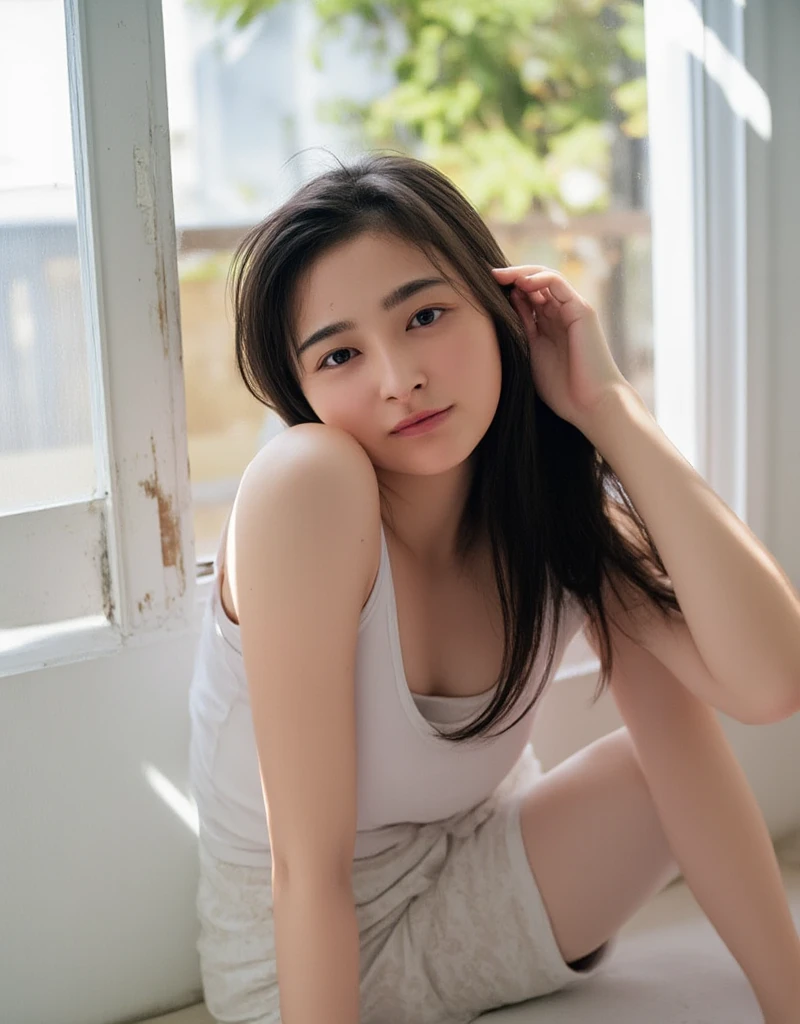 Open shirt, (((Leaning forward))), ((,Round face, Around ,mini skirt、Loose fitting tank top)), Long Hair, , Natural Makeup, Lips become thicker, Sexy Gaze, barefoot, ((Raise one leg)), Shooting from below,Gentle expression ,((Extremely precise and accurate anatomy)), (masterpiece:1.43), Perfect Proportions, Realistic photos, Full Shot, whole body, (height: 165cm),