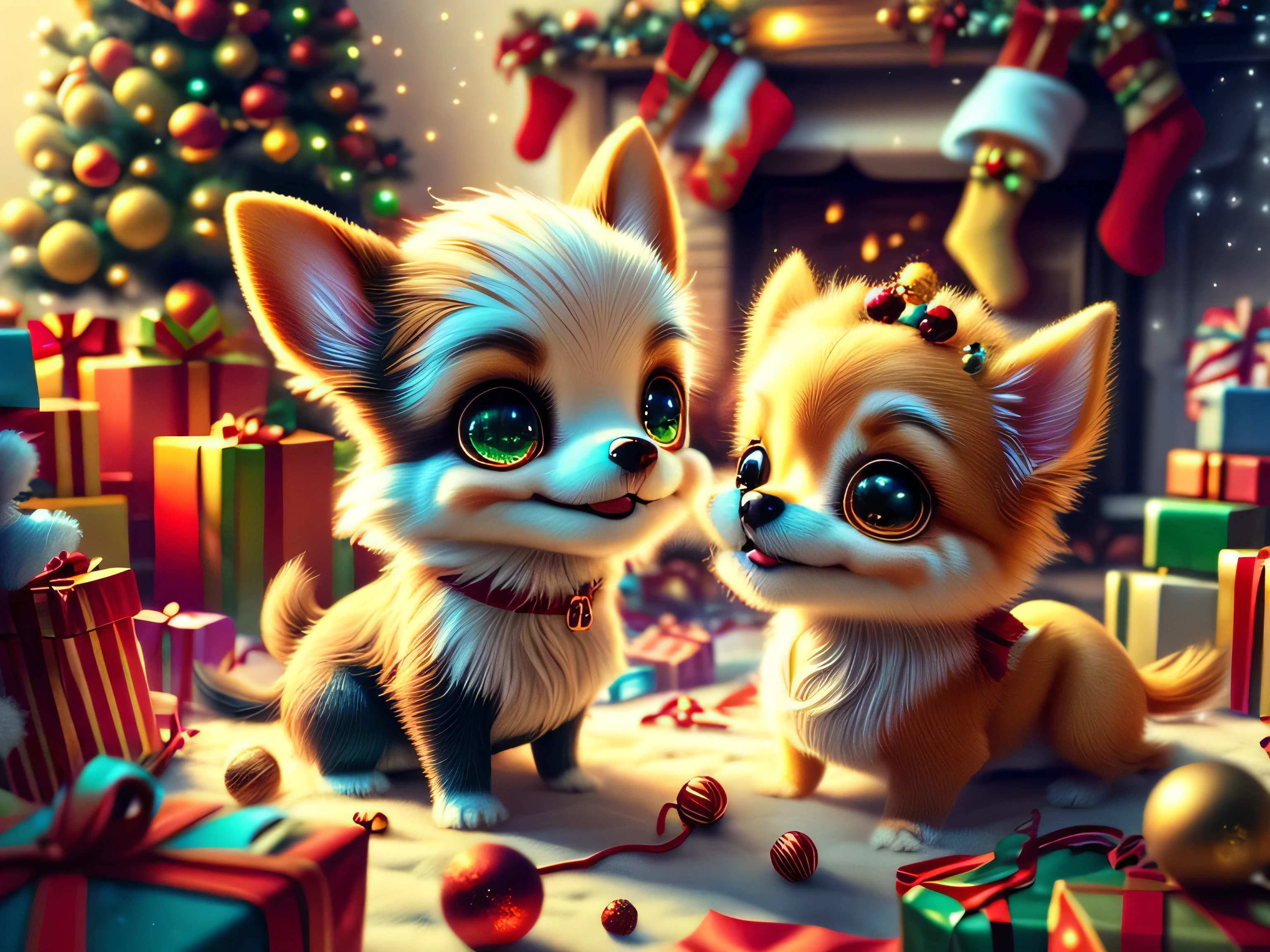 Funny Christmas meme featuring a Chihuahua puppy who has scattered all the presents under the tree. Show the puppy with big surprised eyes looking at the mess around him as if he has nothing to do with it. Add some funny text like: 'I just came to see what's inside... I'm not the one who scattered everything!' Use bright, festive colors and elements like the tree, presents, and snowflakes to create a fun, festive atmosphere. Hyperrealistic, splatter, conceptual art, medium shot, intricate detail, color depth, vibrant colors, dramatic, 2/3 field of view, side light, colorful background. Christmas lights in the background and a Christmas tree. Christmas theme, blurred background, fantasy, Gouves style artwork, Realism: 1.37, (super fine fantasy art), Masterpiece, high quality design and accurate physics, (super accurate fantasy style)) art, dark fantasy style)), super accurate design and accurate physics), color, depth of field, shadows, ray tracing, (accurate simulation of the interaction of light and materials)], intricate Christmas decorations, glowing garlands, sparkling ornaments, natural light, soft background, photorealistic, sparkling eyes, sharp focus, glowing skin, cute and mischievous look, hint of mischief, dreamy atmosphere, super glossy effect, fine details, soft ambient light, (Backlight: 1.3), (Cinematic: 1.2), intricate details, (ArtStation: 1.3)