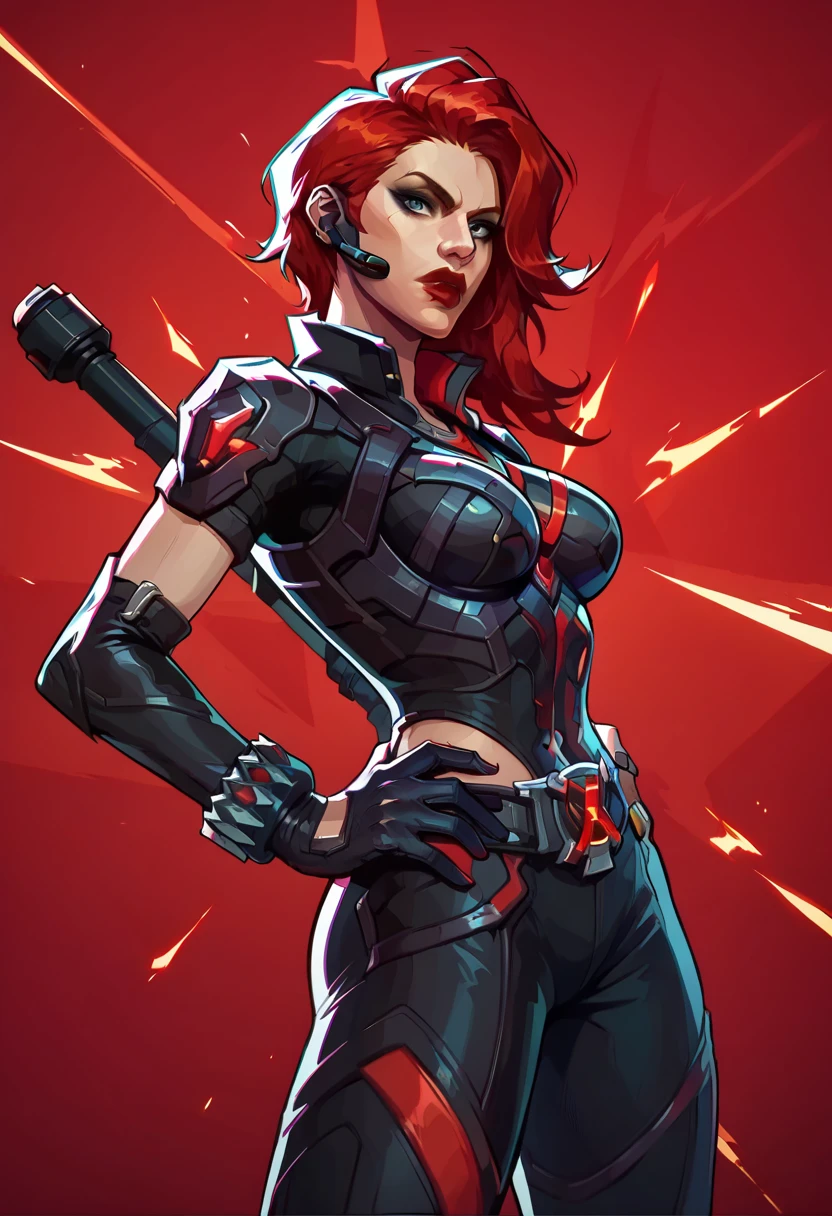 score_9, score_8_up, score_7_up, score_6_up, expressiveh, blackwidow_rivals, 1girl, solo, cowboy shot, red hair, asymmetrical hair, headset microphone, eyeliner, blue eyes, red lips, bodysuit, black bodysuit, gloves, black gloves, forearm guns, black clothes, red details, red glow, baton_(weapon), holding weapon, sniper rifle, holding sniper rifle, huge weapon, posing, hand on hips, red sparks, red background, geometric shapes, looking at viewer, geometric pattern on background
