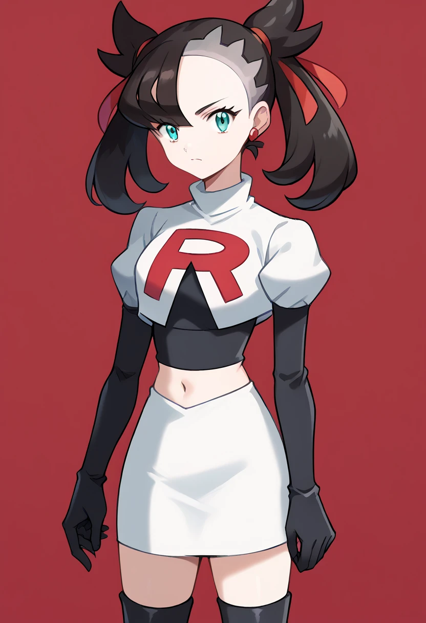 score_9, score_8_up, score_7_up, source_anime,
pokemonmarnie, pokemonmarnie, aqua eyes, asymmetrical bangs, asymmetrical hair, black hair, hair ribbon, long hair, red ribbon, ribbon, twintails,
earrings, jewelry, 
looking at viewer, cowboy shot, team rocket,team rocket uniform,white skirt,red letter R,crop top,black thigh-highs,black elbow gloves