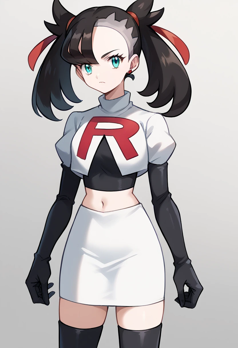 score_9, score_8_up, score_7_up, source_anime,
pokemonmarnie, pokemonmarnie, aqua eyes, asymmetrical bangs, asymmetrical hair, black hair, hair ribbon, long hair, red ribbon, ribbon, twintails,
earrings, jewelry, 
looking at viewer, cowboy shot, team rocket,team rocket uniform,white skirt,red letter R,crop top,black thigh-highs,black elbow gloves