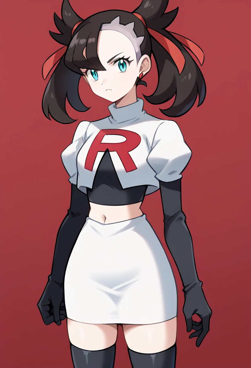 score_9, score_8_up, score_7_up, source_anime,
pokemonmarnie, pokemonmarnie, aqua eyes, asymmetrical bangs, asymmetrical hair, black hair, hair ribbon, long hair, red ribbon, ribbon, twintails,
earrings, jewelry, 
looking at viewer, cowboy shot, team rocket,team rocket uniform,white skirt,red letter R,crop top,black thigh-highs,black elbow gloves