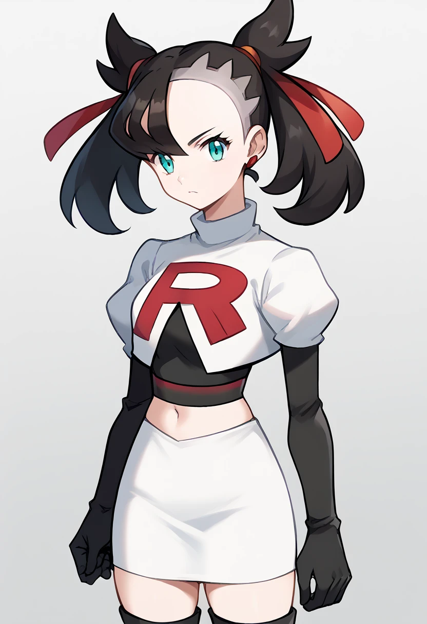 score_9, score_8_up, score_7_up, source_anime,
pokemonmarnie, pokemonmarnie, aqua eyes, asymmetrical bangs, asymmetrical hair, black hair, hair ribbon, long hair, red ribbon, ribbon, twintails,
earrings, jewelry, 
looking at viewer, cowboy shot, team rocket,team rocket uniform,white skirt,red letter R,crop top,black thigh-highs,black elbow gloves