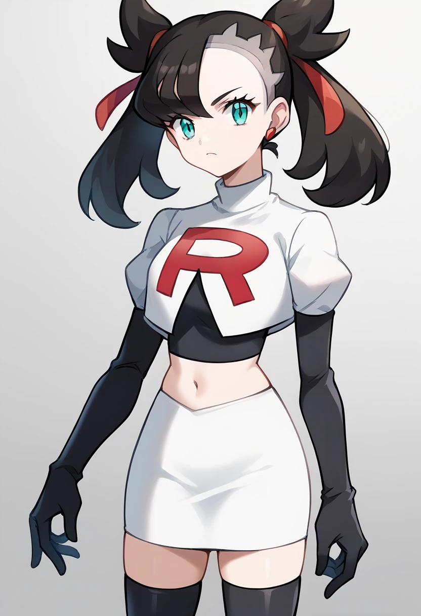 score_9, score_8_up, score_7_up, source_anime,
pokemonmarnie, pokemonmarnie, aqua eyes, asymmetrical bangs, asymmetrical hair, black hair, hair ribbon, long hair, red ribbon, ribbon, twintails,
earrings, jewelry, 
looking at viewer, cowboy shot, team rocket,team rocket uniform,white skirt,red letter R,crop top,black thigh-highs,black elbow gloves