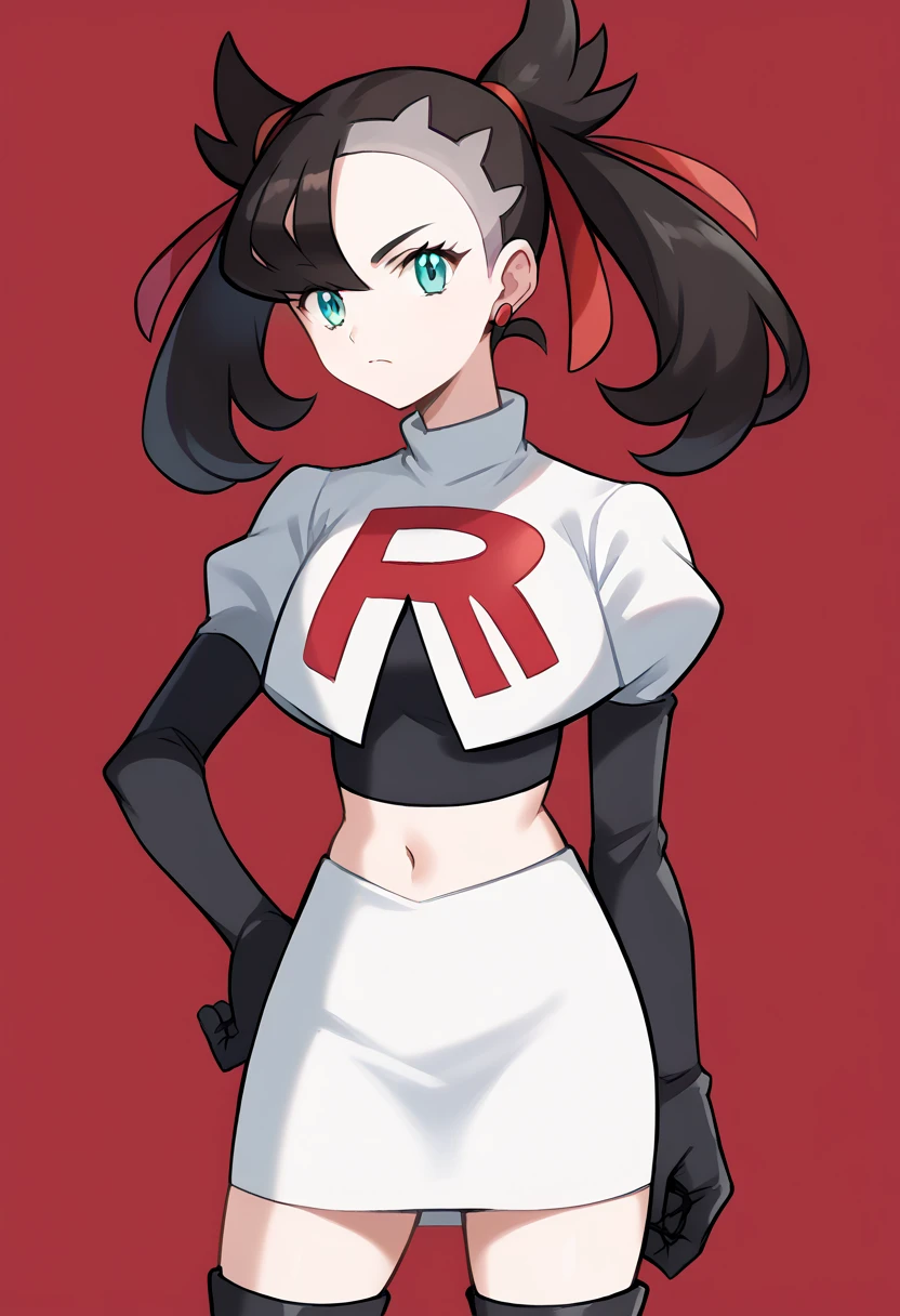 score_9, score_8_up, score_7_up, source_anime,
pokemonmarnie, pokemonmarnie, aqua eyes, asymmetrical bangs, asymmetrical hair, black hair, hair ribbon, long hair, red ribbon, ribbon, twintails,
earrings, jewelry, 
looking at viewer, cowboy shot, team rocket,team rocket uniform,white skirt,red letter R,crop top,black thigh-highs,black elbow gloves