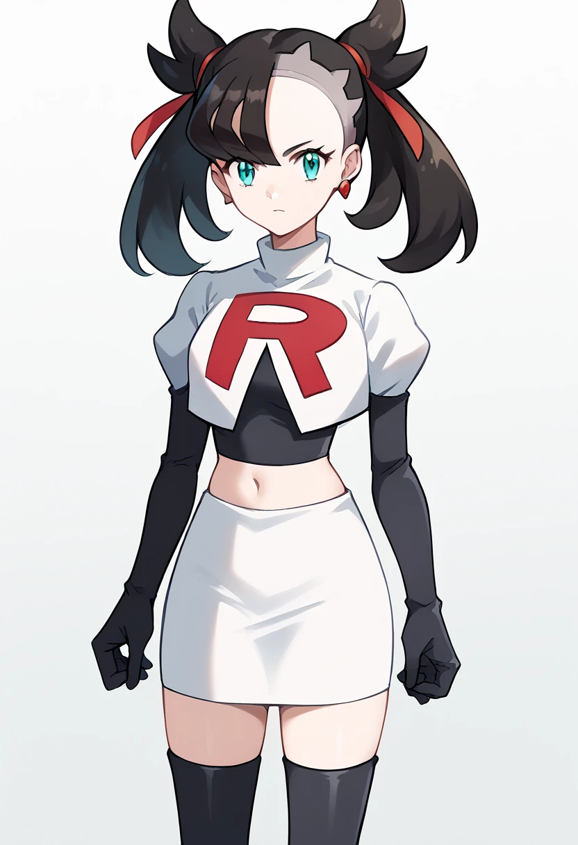 score_9, score_8_up, score_7_up, source_anime,
pokemonmarnie, pokemonmarnie, aqua eyes, asymmetrical bangs, asymmetrical hair, black hair, hair ribbon, long hair, red ribbon, ribbon, twintails,
earrings, jewelry, 
looking at viewer, cowboy shot, team rocket,team rocket uniform,white skirt,red letter R,crop top,black thigh-highs,black elbow gloves