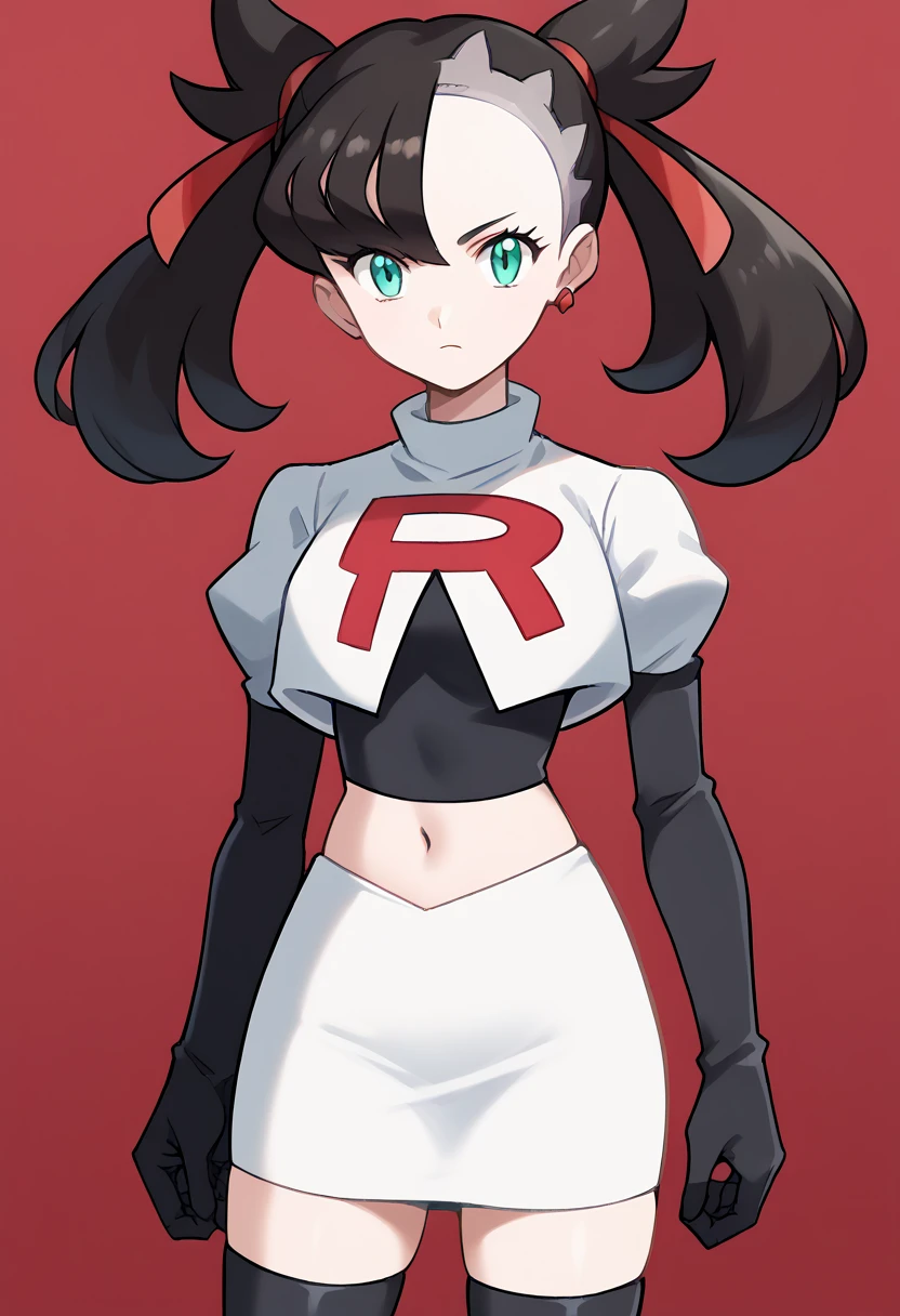 score_9, score_8_up, score_7_up, source_anime,
pokemonmarnie, pokemonmarnie, aqua eyes, asymmetrical bangs, asymmetrical hair, black hair, hair ribbon, long hair, red ribbon, ribbon, twintails,
earrings, jewelry, 
looking at viewer, cowboy shot, team rocket,team rocket uniform,white skirt,red letter R,crop top,black thigh-highs,black elbow gloves