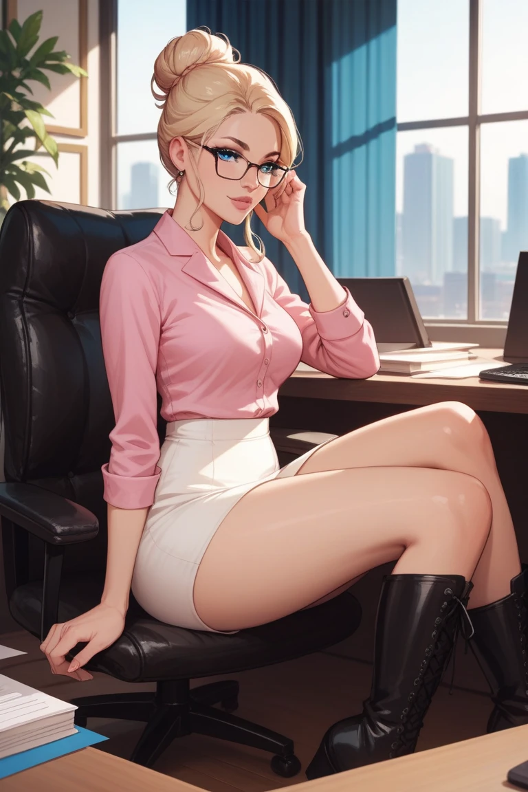 Blonde, girl, blue eyes, pink shirt, white skirt, black leggigns, boots, beautiful, elegant hair, glasses, hair bun, sitting, office