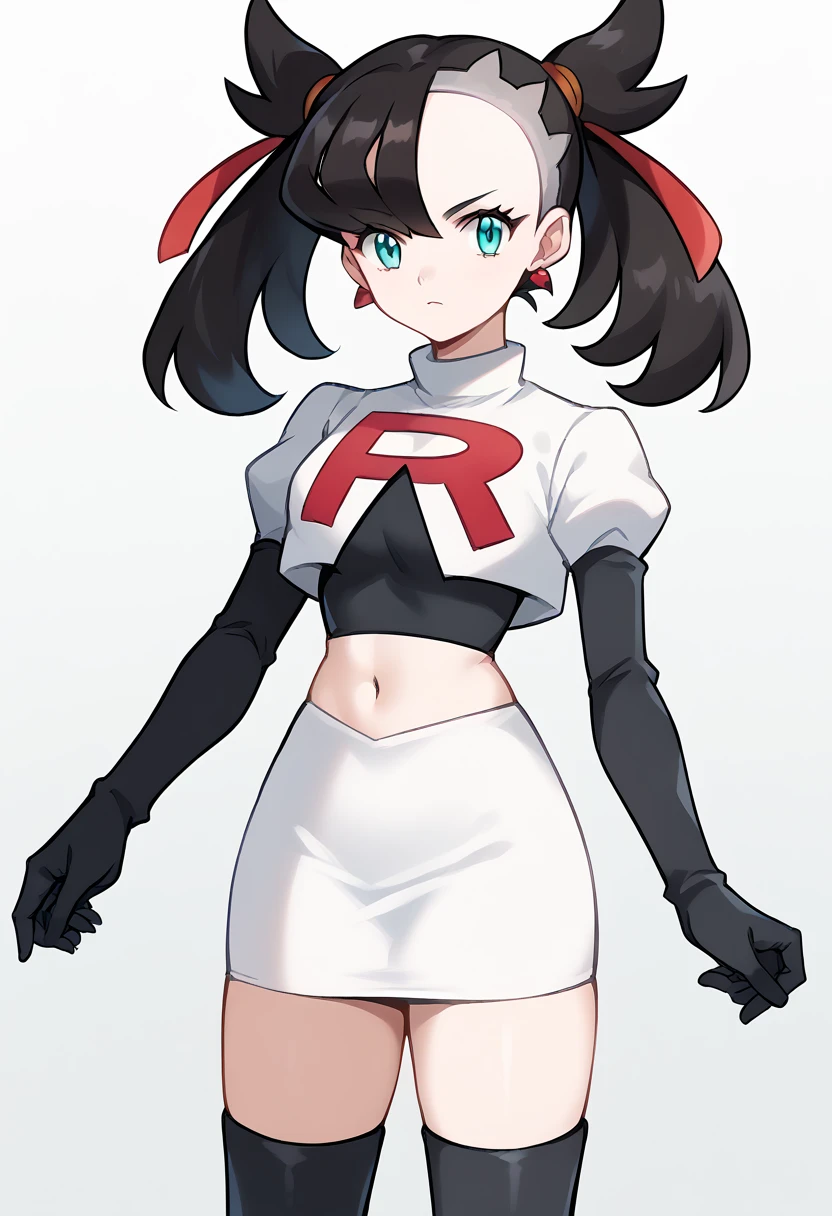 score_9, score_8_up, score_7_up, source_anime,
pokemonmarnie, pokemonmarnie, aqua eyes, asymmetrical bangs, asymmetrical hair, black hair, hair ribbon, long hair, red ribbon, ribbon, twintails,
earrings, jewelry, 
looking at viewer, cowboy shot, team rocket,team rocket uniform,white skirt,red letter R,crop top,black thigh-highs,black elbow gloves