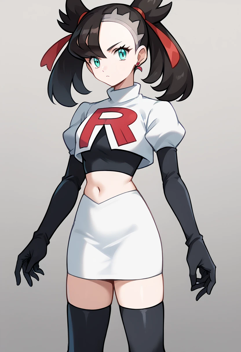 score_9, score_8_up, score_7_up, source_anime,
pokemonmarnie, pokemonmarnie, aqua eyes, asymmetrical bangs, asymmetrical hair, black hair, hair ribbon, long hair, red ribbon, ribbon, twintails,
earrings, jewelry, 
looking at viewer, cowboy shot, team rocket,team rocket uniform,white skirt,red letter R,crop top,black thigh-highs,black elbow gloves