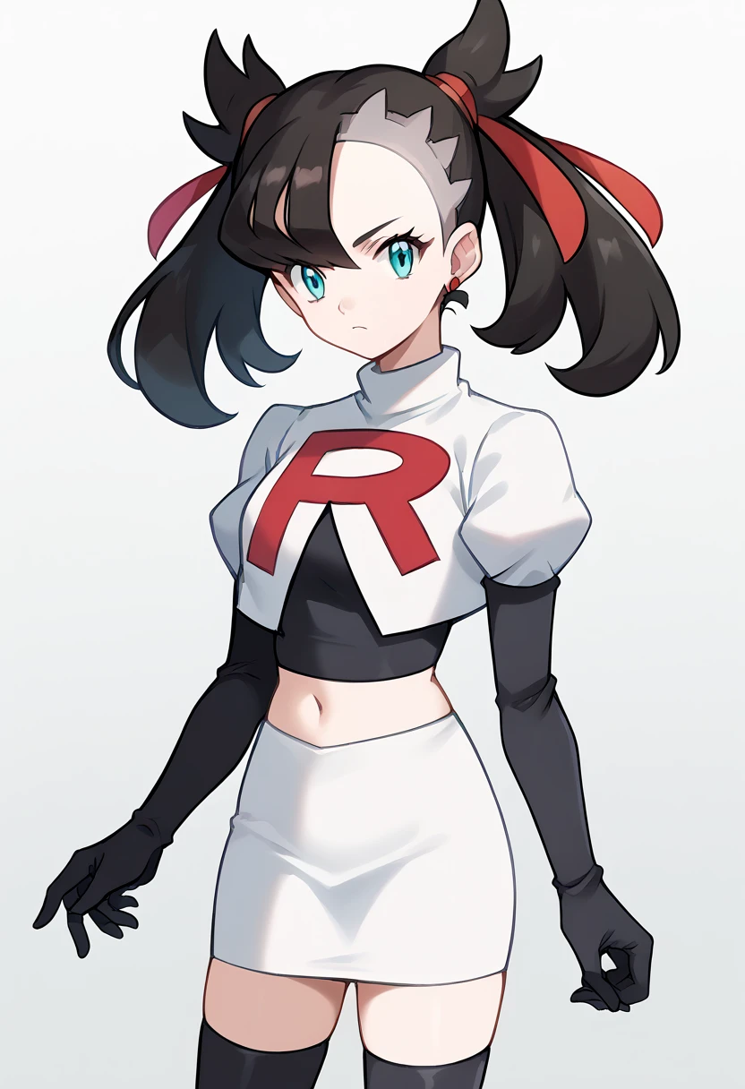 score_9, score_8_up, score_7_up, source_anime,
pokemonmarnie, pokemonmarnie, aqua eyes, asymmetrical bangs, asymmetrical hair, black hair, hair ribbon, long hair, red ribbon, ribbon, twintails,
earrings, jewelry, 
looking at viewer, cowboy shot, team rocket,team rocket uniform,white skirt,red letter R,crop top,black thigh-highs,black elbow gloves