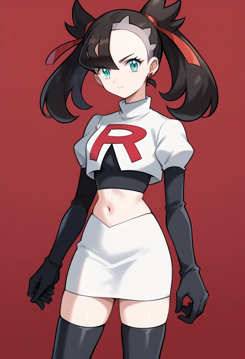 score_9, score_8_up, score_7_up, source_anime,
pokemonmarnie, pokemonmarnie, aqua eyes, asymmetrical bangs, asymmetrical hair, black hair, hair ribbon, long hair, red ribbon, ribbon, twintails,
earrings, jewelry, 
looking at viewer, cowboy shot, team rocket,team rocket uniform,white skirt,red letter R,crop top,black thigh-highs,black elbow gloves