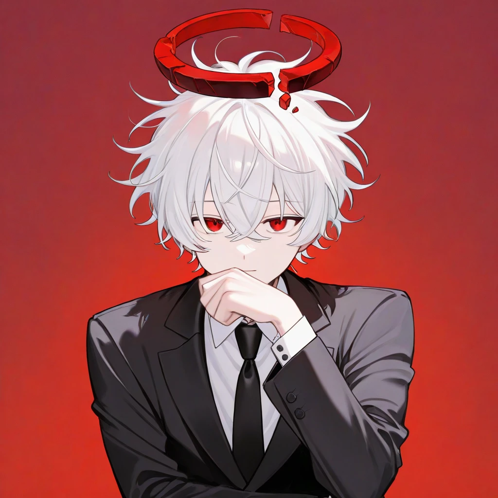 1boy, 185cm, black suit jacket, white dress shirt, black tie, broken halo,short white hair, slight messy hair, red eyes, bold aesthetic, confident pose,  upper body, focus on the face, red background 