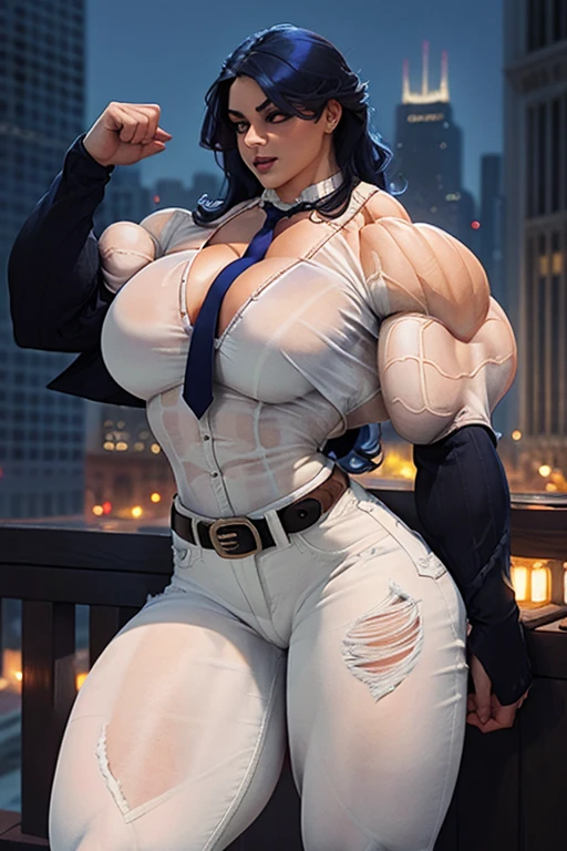 ((Close-up)), tall, royal blue hair, beautiful muscular woman, long curly wavy hair, pale white skinned, closed smile, (black lipstick), (massive muscles), (hyper muscle), (((ginormous bulky muscles))), white eyes, ((((black latex long sleeve pencil dress)))), choker, (in a bedroom balcony)