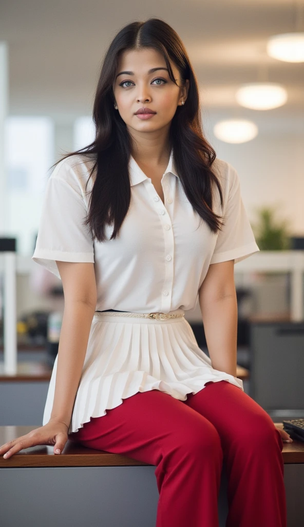 A stunning, ultra-high-definition (UHD), photorealistic, portrait, 1Ashgirl, sitting on the edge of a desk, legs slightly parted, wide open, her arms resting on the desk, leaning on the desk, front view, low angle camera , camera is placed on the floor, POV,  in a modern office, wearing a white pleated skirt, red panty, white collerd Tennis T-shirt, 