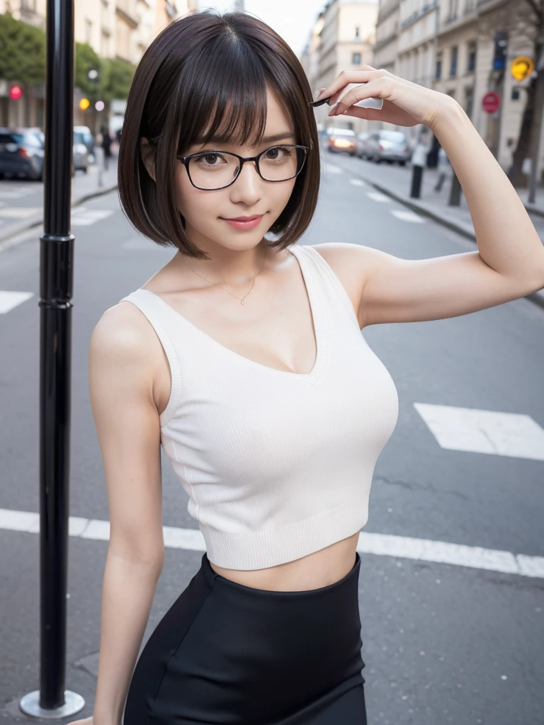 Photo of a beautiful woman standing on a street corner, (masterpiece:1.2, highest quality), (Realistic, photoRealistic:1.4), Beautiful illustrations, (Natural Side Lighting, Cinema Lighting), Written boundary depth, Beautiful thighs staring at the viewer, accurate, Anatomically correct, Highly detailed face and skin texture, (((Upper body selfie))),  1 female, A woman is photographed alone, 30-year-old, thin, slender, small breasts!!!, , full bangs bob, Forehead, different hairstyles, thin, slender, (((glasses))), casual clothes, sweater, sexy pencil skirt, seductive smile, new frog style, Turn your butt towards the camera, ((show your back)), ((protruding buttocks)), Paris on a clear day with park in the foreground, portrait, (breast focus), (looking at the floor), (looking to the side), (looking at another:1.4), (medium shot), from front, standing