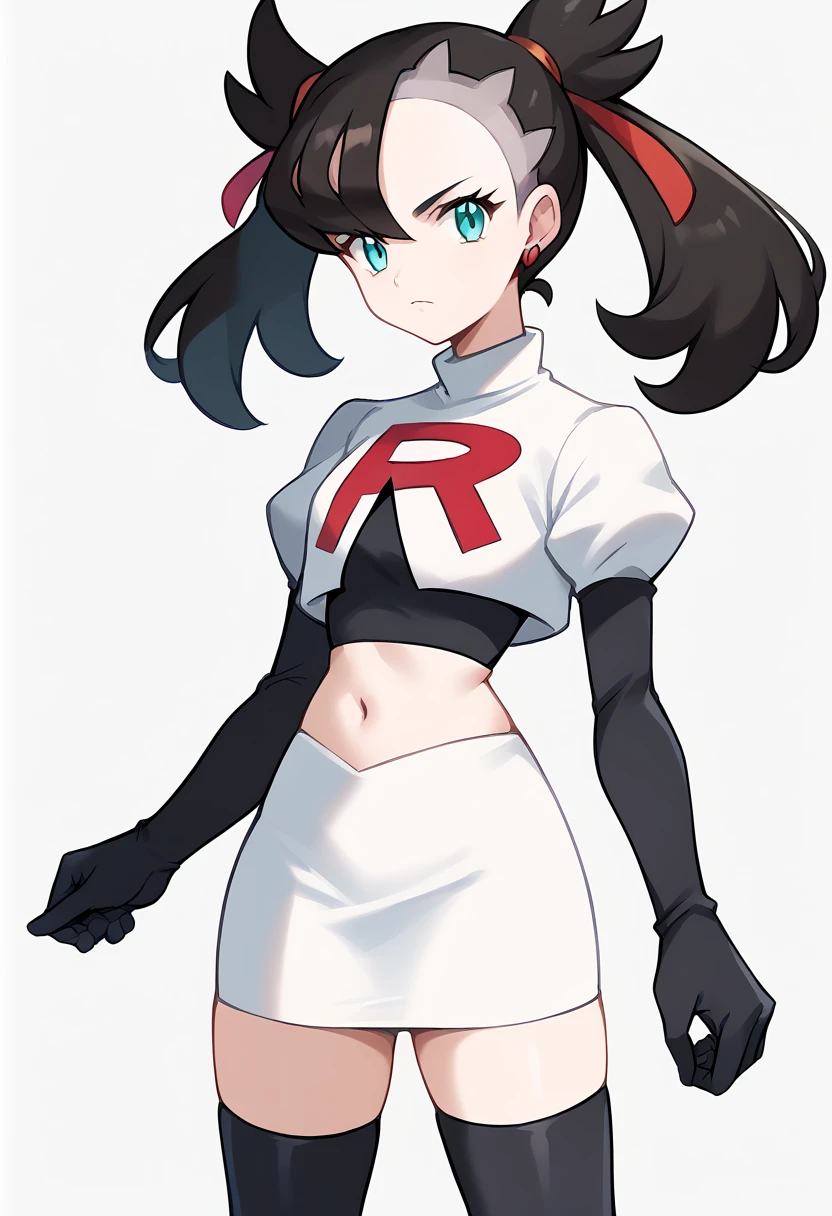 score_9, score_8_up, score_7_up, source_anime,
pokemonmarnie, pokemonmarnie, aqua eyes, asymmetrical bangs, asymmetrical hair, black hair, hair ribbon, long hair, red ribbon, ribbon, twintails,
earrings, jewelry, 
looking at viewer, cowboy shot, team rocket,team rocket uniform,white skirt,red letter R,crop top,black thigh-highs,black elbow gloves