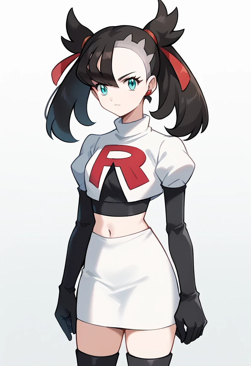 score_9, score_8_up, score_7_up, source_anime,
pokemonmarnie, pokemonmarnie, aqua eyes, asymmetrical bangs, asymmetrical hair, black hair, hair ribbon, long hair, red ribbon, ribbon, twintails,
earrings, jewelry, 
looking at viewer, cowboy shot, team rocket,team rocket uniform,white skirt,red letter R,crop top,black thigh-highs,black elbow gloves