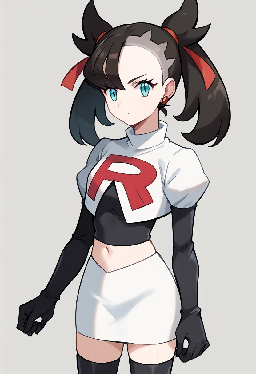 score_9, score_8_up, score_7_up, source_anime,
pokemonmarnie, pokemonmarnie, aqua eyes, asymmetrical bangs, asymmetrical hair, black hair, hair ribbon, long hair, red ribbon, ribbon, twintails,
earrings, jewelry, 
looking at viewer, cowboy shot, team rocket,team rocket uniform,white skirt,red letter R,crop top,black thigh-highs,black elbow gloves