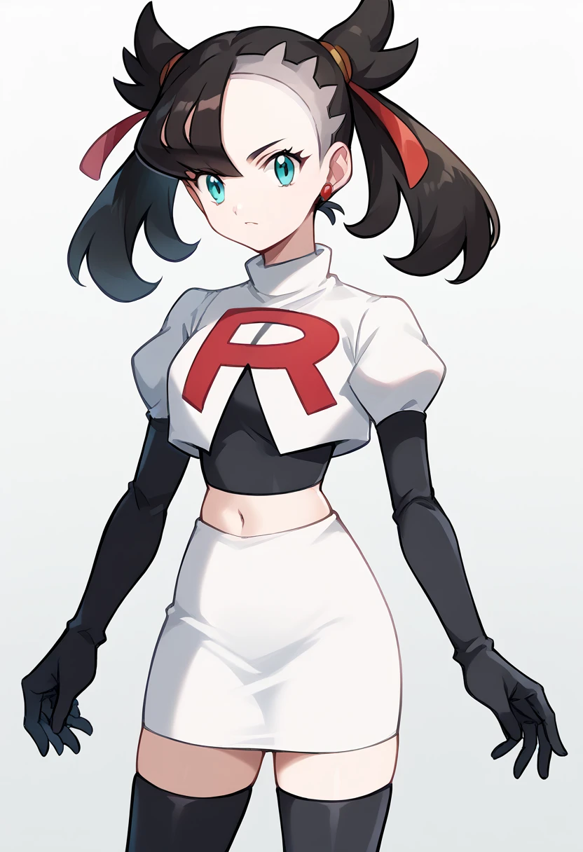 score_9, score_8_up, score_7_up, source_anime,
pokemonmarnie, pokemonmarnie, aqua eyes, asymmetrical bangs, asymmetrical hair, black hair, hair ribbon, long hair, red ribbon, ribbon, twintails,
earrings, jewelry, 
looking at viewer, cowboy shot, team rocket,team rocket uniform,white skirt,red letter R,crop top,black thigh-highs,black elbow gloves