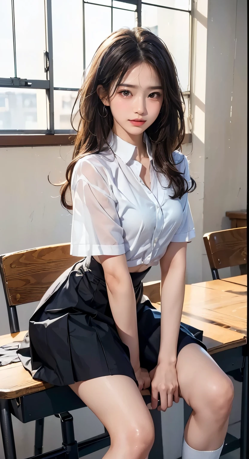 (8k, RAW Photos, highest quality, masterpiece: 1.2), (Very detailed), (Super Resolution), (Genuine, Genuine photos: 1.37)、(Portraiture), (High-quality RAW color photos)、 (Professional photos).( Very detailed and beautiful new),(Very detailed), (8k wallpaper),(Amazing details),(Large file size),(Official Art,),(Very detailed),(8k wallpaper), (Very detailed beautiful girls),(Very detailed facesHighly detailed eyes),(Very fine skin),(Very detailed fingers,),(Very small nose),(Very detailed detailed mouth),(Perfect Anatomy),(Detailed Background),(High Quality Clothing),(20-year-old),(cute girl), (Genuineistic body),(White skin),(Glowing Skin), (Blunt bangs: 1.2), (smile),(cute),(cute face),(Genuineistic face), (delicateな目),(Sagging eyes), (Checkered Super Mini Skirt)、(White shirt)、(school uniform)、Earrings、Looking at the camera, Dynamic Lighting, G-cup breasts,Big Breasts、(Dynamic Sexy Pose 1.2)、(The first and second buttons of the shirt are open)、(thin legs 1.2)、(delicate, Plump and moisturized lips)、(Has cleavage)、(indoor),(Abandoned hospital:1.4),(Dirty inorganic floor:1.2),(Decaying walls:1.4),(Broken windows:1.2),(Rusty medical equipment:1.4),(Haunting atmosphere:1.2),(Dust and cobwebs:1.4),
(1 Broken glass medicine cabinet:1.2),(Broken doctor's desk and chair:1.2),(Screen curtains with torn fabric:1.2),(Scattered dirty bandages and other medical care equipment:1.2),
(Broken ceiling fan:1.4),(Flickering lights:1.4),(Vines and plants:1.4),(Haunted house),