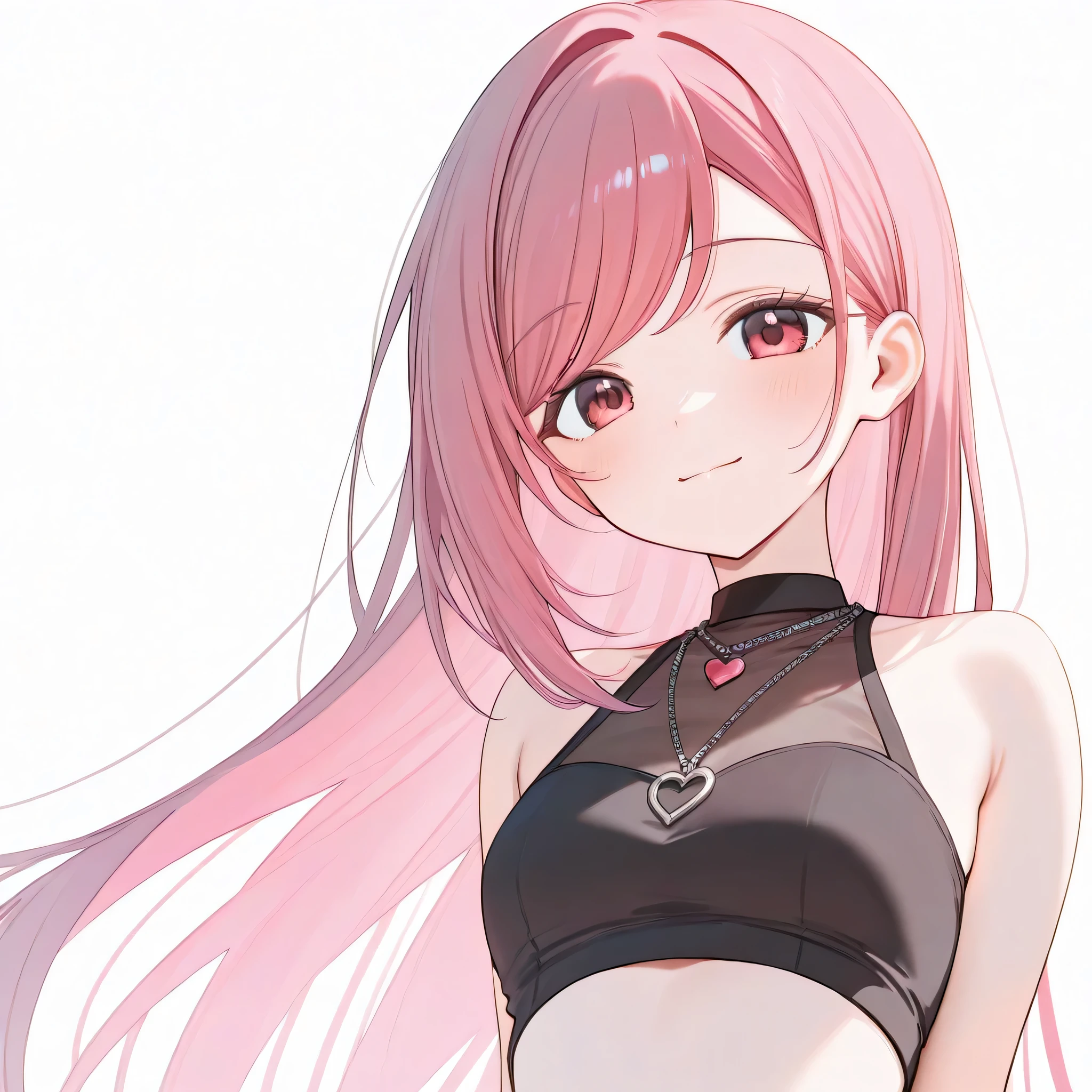 1girl, , idol, long straight pink hair, side-swept bangs, black crop top with heart design, delicate necklace with heart pendant, confident pose, casual and stylish aesthetic, white background, focus on the face 

