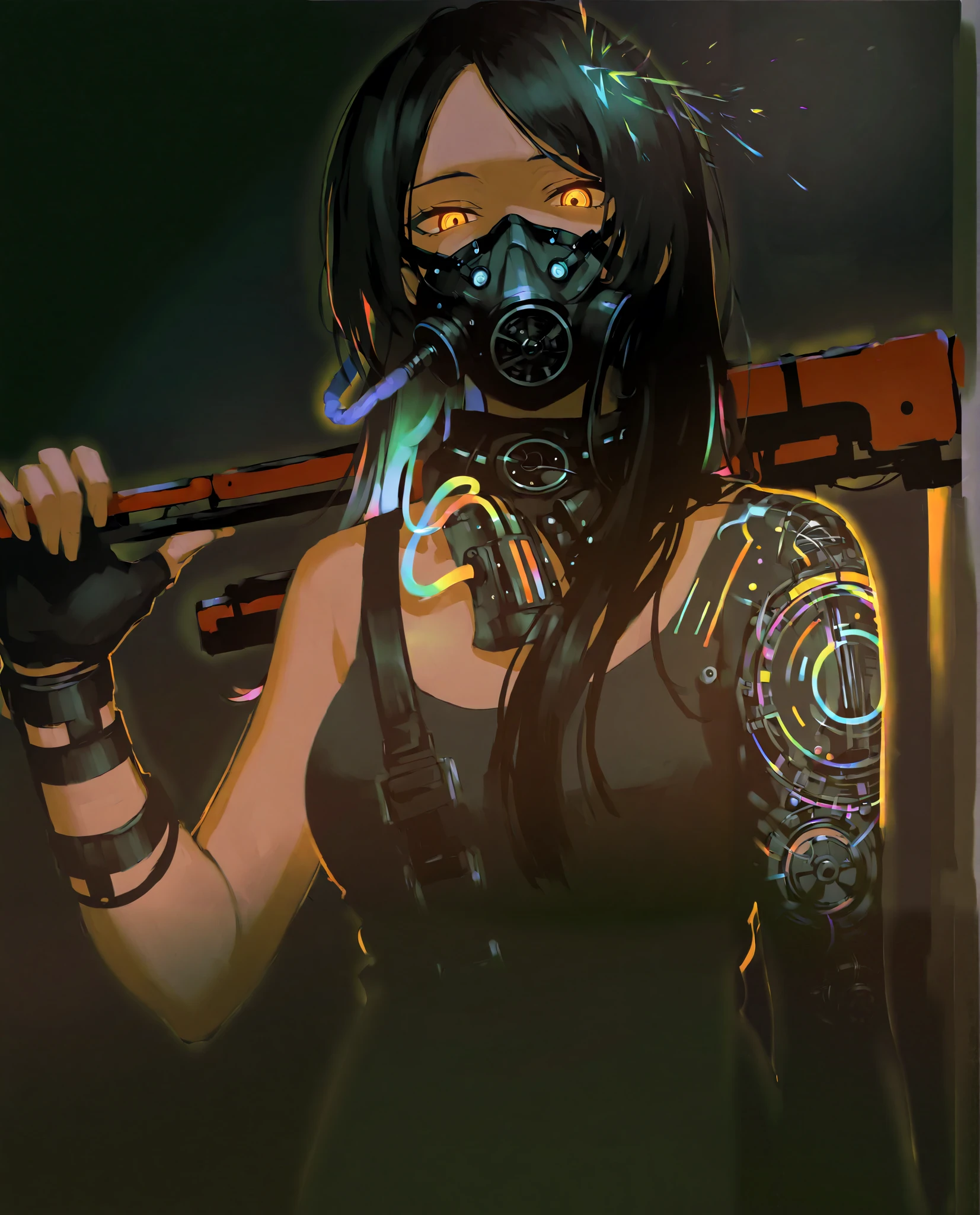 (limited palette:1.2), black background, colorful, (vibrant, glowing outline, neon hair, blacklight:1.2), looking at viewer, (side view:0.1), masterpiece, best quality, absurdres, very aesthetic, gas mask, orange eye