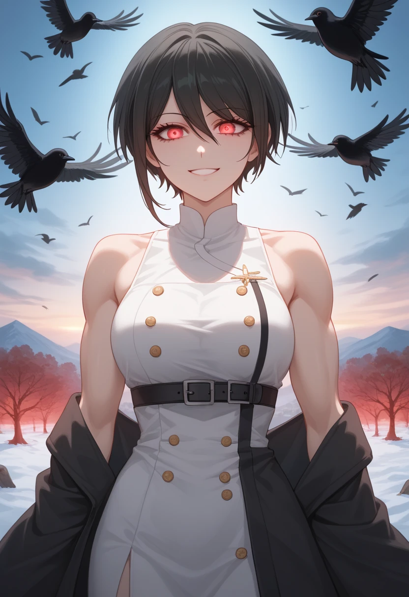 1 girl, solo, (black short hair tomboy), glowing red eyes, score_9, score_8_up, score_7_up, ((New year background with crows around)), anime color style, source_anime, sexy new year outfit, very aesthetic, yandere girl, yandere look,muscle girl, sexy girl, gapmoe yandere grimdark, akane owari danganronpa, 2d style anime, gapmoe,Pachu illustration Style,masterpiece, best quality, amazing quality, very aesthetic, absurdres, newest, (volumetric lighting, scenery), , soft_shape, yandere_face, human_color, clean_shape, full_body, sadic_pose