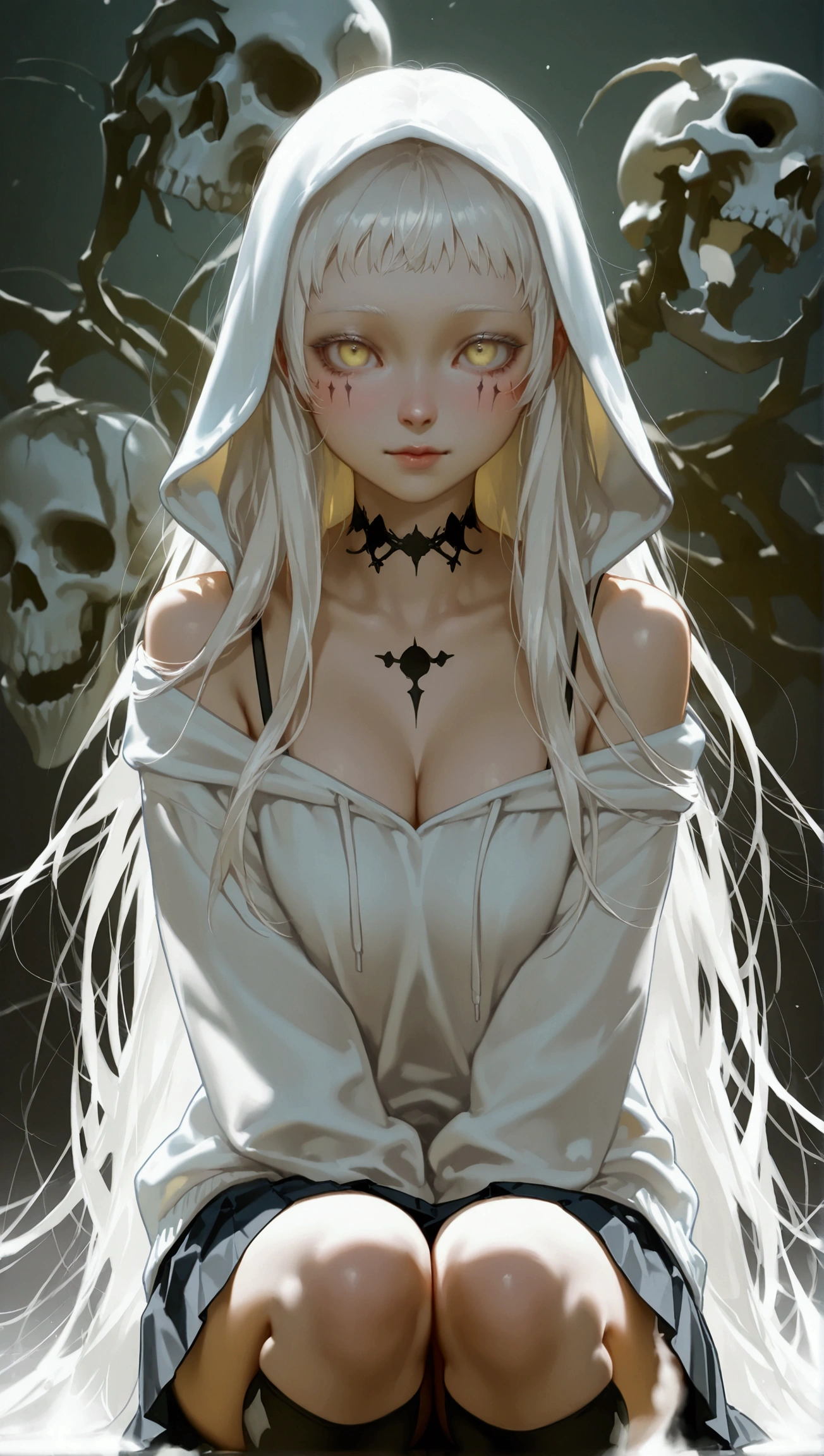 (((Solo Girl))) (   1 girl) ,    full body shot  ,   RAW photos  , ((   long hair )),  long white hair ,   very long straight hair, Short bangs, Albino white skin, Pale yellow eyes ,   realistic skin texture to hide female genitals  , (((smile:0.3))), 💀mark&#39;white hoodie black pleated skirt  ,   Black Knee High Socks , Sexy Legs 、   Black Knee High Socks 